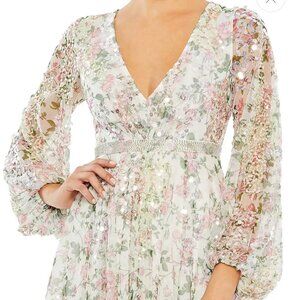 Mac duggal White Embellished Floral Print Faux Wrap